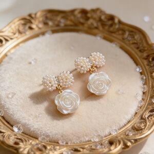 Faux Pearl Cluster Stud & Carved Rose Drop Earrings Romantic Floral